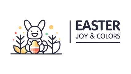 Fototapeta premium Cute cartoon easter bunny holding a colorful egg surrounded by stylized plants and dots with the text easter joy and colors