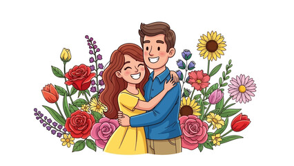 Charming vector illustration of a young loving couple in an embrace, surrounded by a beautiful frame of colorful flowers