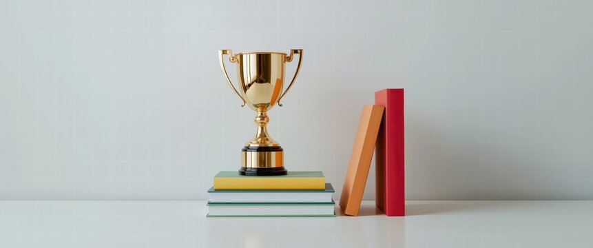 A golden trophy perched atop colorful books represents academic excellence, achievement, and the rewarding journey of learning and dedication. Inspire success!