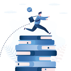 Smart businessman or student jump over high books stack. Skills improvement. Education or knowledge, challenge to read textbooks or study new skill,