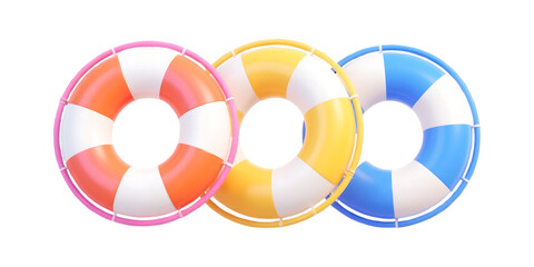 Obraz premium Three glossy colorful 3D lifebuoys isolated on transparent background perfect for summer water activities