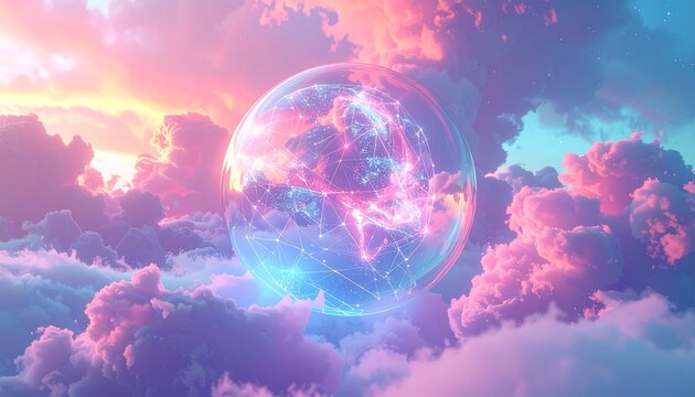 Ethereal visualization of global data networks with a glowing Earth orb suspended in a beautiful pastel-colored cloudscape at sunset