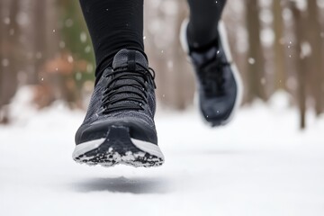 Runner's legs sprinting along a snowy winter trail in black training shoes, motion blur and ample copy space for text