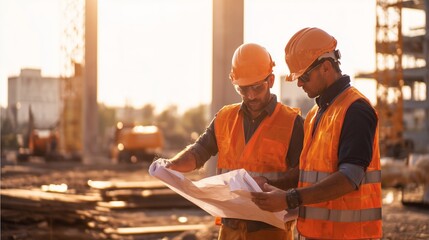 Construction workers review plans at sunset on a building site near the city