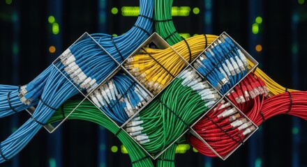 Artistically Arranged Network Cables in Square Containers, Vibrant Blue Yellow Green Red Ethernet Cables with Connectors