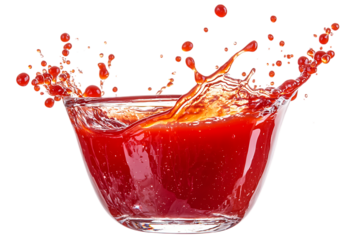 Red paint splashing out of a brown bowl on transparent PNG isolated background