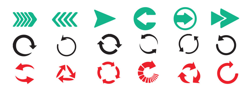 Versatile vector arrow collection including right facing chevrons, play symbols, and circular refresh icons