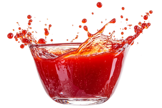 Red paint splashing out of a brown bowl on transparent PNG isolated background - Powered by Adobe