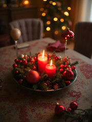 Festive Christmas Table Centerpiece with Lit Candles