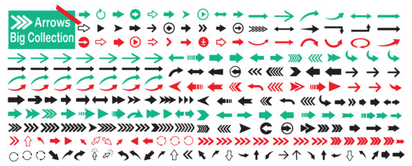 Big collection of arrow icons in green and red colors isolated on white background web design elements