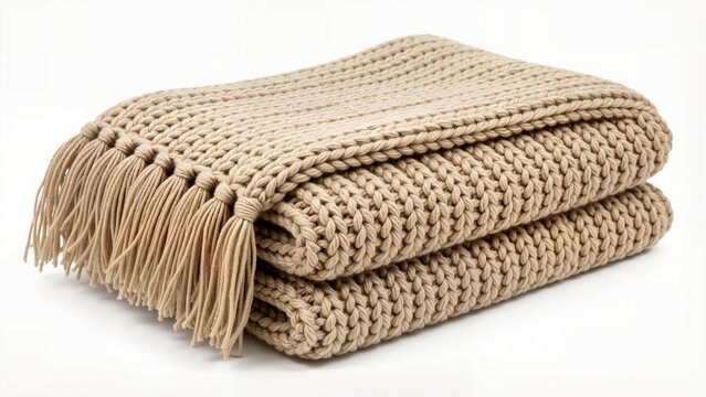 A beige knitted muffler folded neatly on a white background, a product shot for e-commerce listings and fashion catalogs.