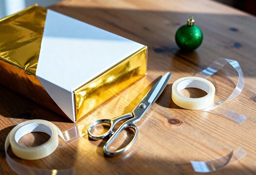 Christmas gift wrapping supplies on a wooden table. Gold present box with scissors and tape for holiday season preparation - Powered by Adobe