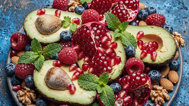 Close up of fresh avocado pomegranate berries and nuts healthy food composition concept top view