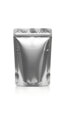 A shiny silver pouch, standing upright on a white surface, features a resealable top and a reflective surface. The image is studio-lit