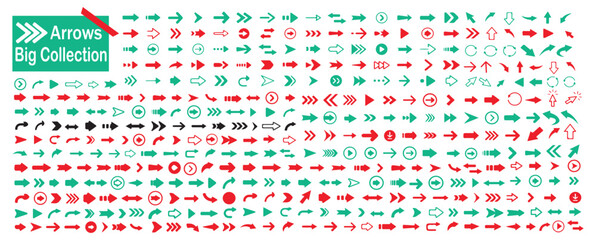 Big collection of arrow icons in green and red colors isolated on white background web design elements