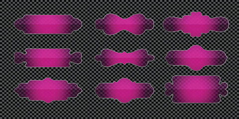 Vector illustration of nine diverse magenta transparent glass banners, badges, and labels for design projects.