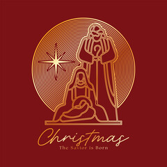 Christmas, the savior is born - Gold dobble line The Nativity with mary and joseph in a manger with baby Jesus and stars light in circle lines on red background vector design