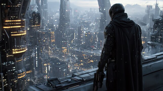 A person in futuristic attire stands on a rooftop, gazing at a sprawling cityscape under a dusky sky.