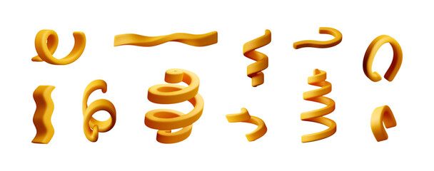 Set of yellow 3d party confetti streamer elements. Playful fun design for celebration, festive, event, birthday, Anniversary, New Year, Merry Christmas, holiday. Vector illustration