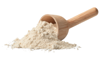 Protein powder scoop in wooden spoon for fitness nutrition supplement advertising, realistic product presentation isolated on white background