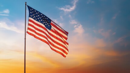 American flag waving against a colorful twilight sky, symbolizing patriotism, freedom, and national pride. Ample copy space