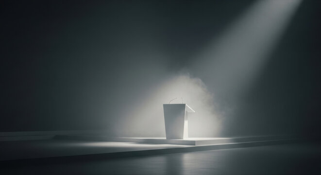 Spotlight dark stage empty podium presentation public speaking debate concept conference convention