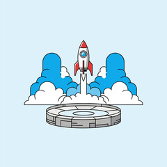 Cartoon rocket launching from a circular pad with smoke clouds, symbolizing business startup, innovation, and success.