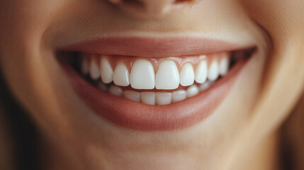 Fototapeta premium Close-up portrait of a young woman smiling, showing healthy, bright teeth, emphasizing dental care, happiness, and natural beauty in a friendly and approachable expression.