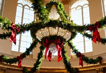 Decorated crystal chandelier with green garland and red bows. Luxury Christmas interior with large windows. Festive holiday decor in a grand hall