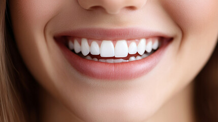 Fototapeta premium Close-up portrait of a young woman smiling, showing healthy, bright teeth, emphasizing dental care, happiness, and natural beauty in a friendly and approachable expression.