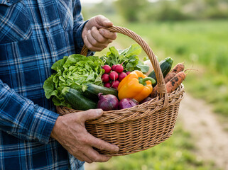 Organic farming and healthy eating with a farmer holding a wicker basket full of fresh, colorful garden vegetables.