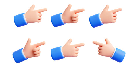 Collection of 3D cartoon hands pointing gesture attention direction isolated on transparent background