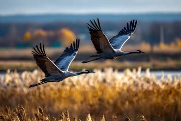 Naklejka premium Zwei Kraniche im dynamischen Flug über goldenem Schilf 