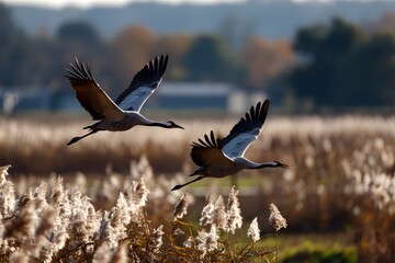 Obraz premium Kraniche im ruhigen Flug über herbstlicher Landschaft 