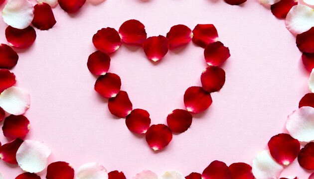 Heart shape made of red rose petals on pink background. Romantic floral frame flat lay with copy space for text. Valentine's Day concept - Powered by Adobe