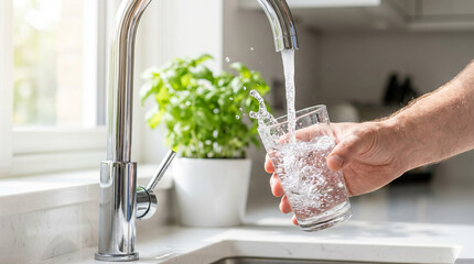 Man filling a glass with fresh clean tap water from a modern kitchen sink faucet. Hydration and healthy lifestyle.