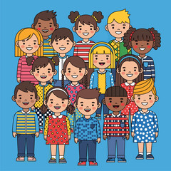 Smiling diverse group of kids illustration. Happy multi-ethnic boys and girls standing together. Children community concept.