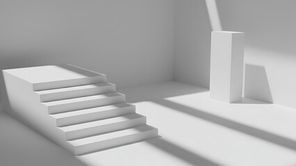 Geometric cube shadow scene, Empty geometric design interior forms, place with empty space, table and stage, empty blank plaster walls and shapes with soft light and shadow, 