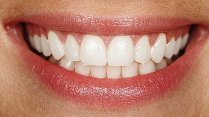 Obraz premium Close-up portrait of a young woman smiling, showing healthy, bright teeth, emphasizing dental care, happiness, and natural beauty in a friendly and approachable expression.