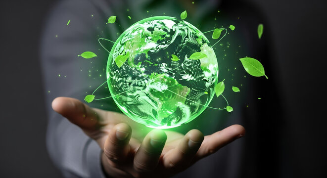 Quantum communication represented by a glowing green globe in human hand, emphasizing global digital connectivity.