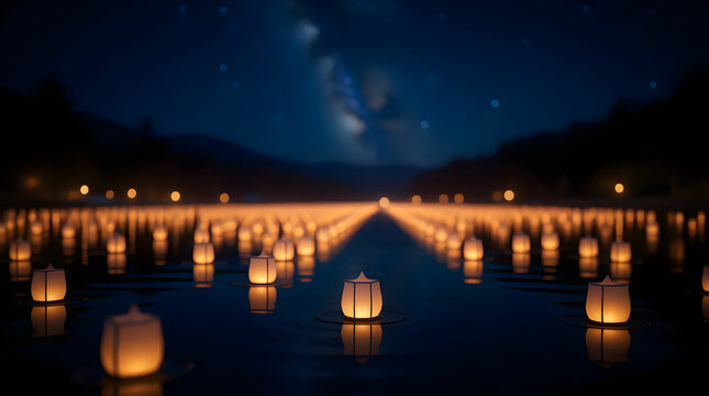 A beautiful night scene featuring numerous glowing paper lanterns floating on dark water under a starry sky with the milky way visible above - Powered by Adobe