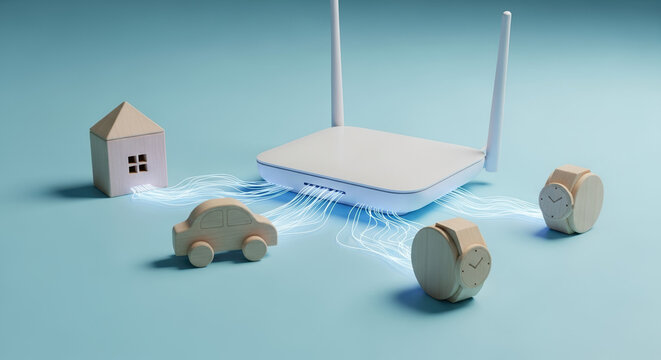 Quantum communication between smart devices depicted with router, miniature house, car, and watch, showcases interconnected technology.
