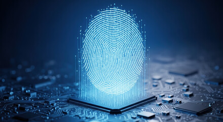 Quantum communication security is showcased with blue glowing fingerprint on computer chip. Quantum communication depicts encryption and advanced security for digital information,