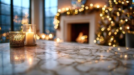 A close-up shot of a marble table top with a blurred background of a fireplace with candles, a Christmas tree and strings of twinkling lights, and a window. High quality