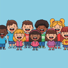 Diverse Group of Happy Cartoon Children Smiling Together - Multicultural Kids Illustration