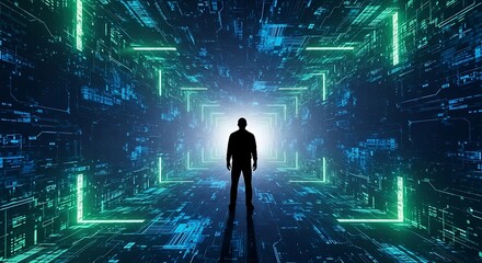 A silhouette of a person stands in a luminous digital tunnel with neon-lit edges. Abstract lines form a futuristic background