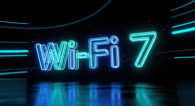 Glowing wifi 7 technology signifies high speed internet connection, digital network and wireless communication. Wifi 7 symbolizes innovation and advancement in internet connectivity.