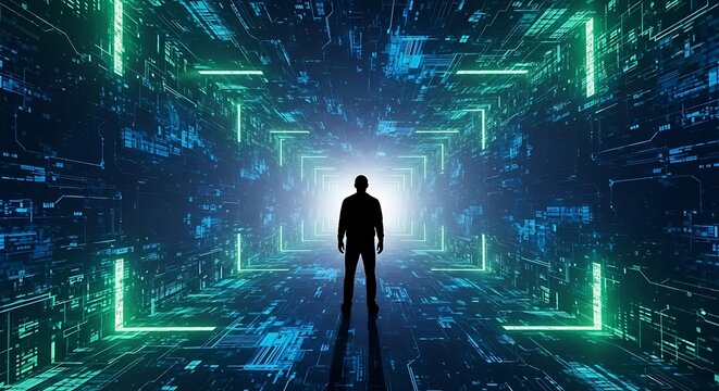 A silhouette of a person stands in a luminous digital tunnel with neon-lit edges. Abstract lines form a futuristic background
