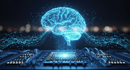 Artificial intelligence brain with connections depicts digital assistance, virtual help, and modern engineering.