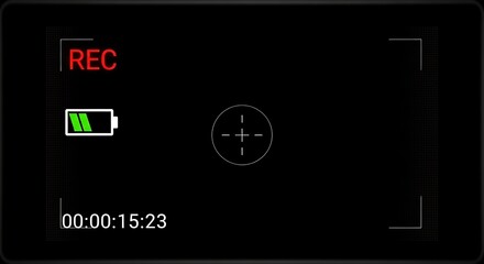 A simple, black viewfinder screen indicating recording mode with "REC," a battery, crosshairs, and a running timer display